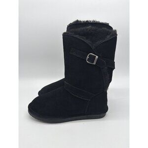 Bearpaw Womens Black Suede Shearling-Lined Buckle Boots Size 7